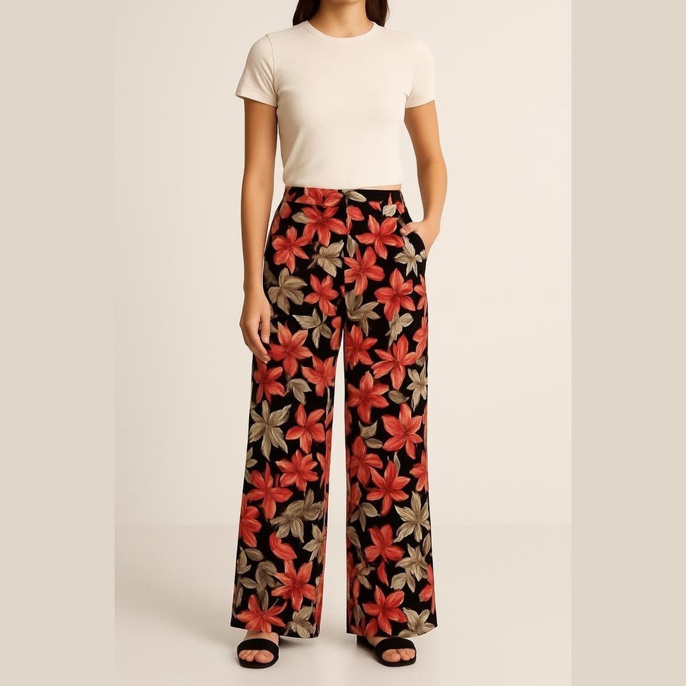 d&co BEACH Floral Wide Leg Pants Size XS Black Red and Beige Pull On Pockets NEW